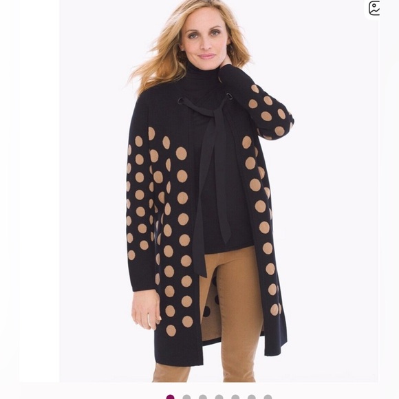 Talbots polka dot long sweater cardigan open S M black tan - Picture 1 of 6